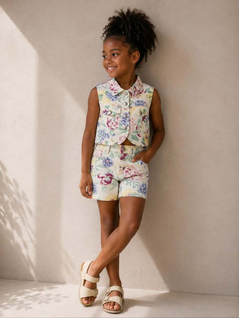 Vintage Girls Garden Floral Crop Denim Vest Shorts Set Size 7 90s Cottagecore